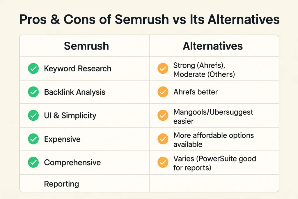 Pros & Cons of Semrush vs Its Alternatives