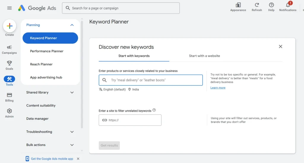 google keyword planner which is one of the Semrush alternatives open sources