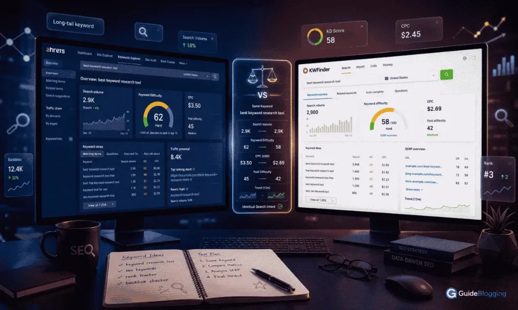 Side-by-side comparison of Ahrefs and KWFinder keyword research dashboards