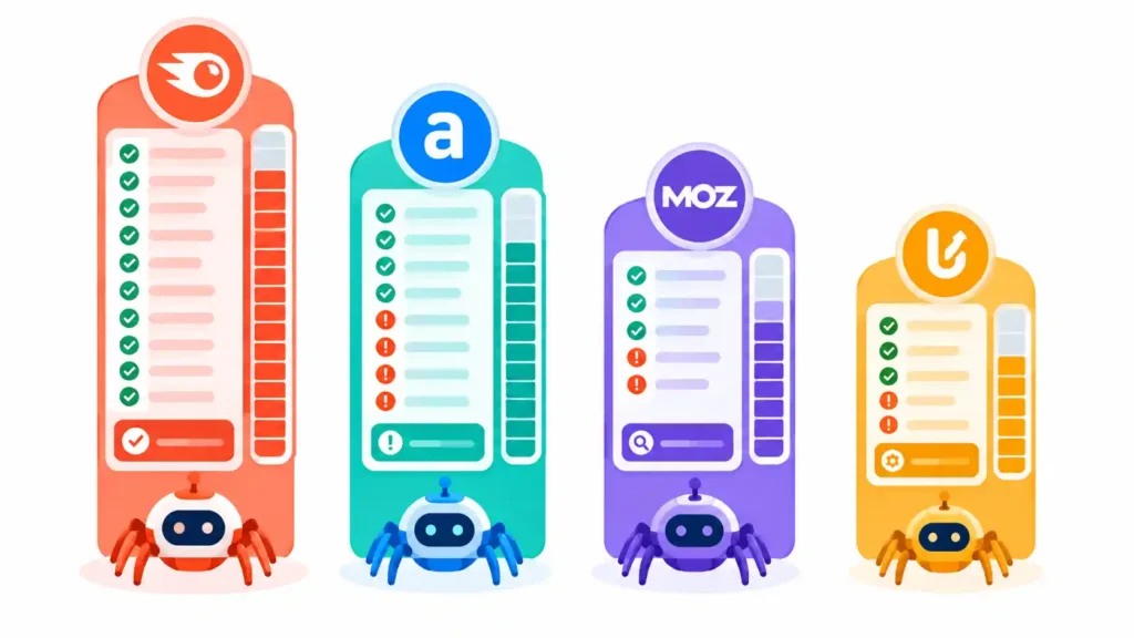 Flat editorial illustration showing four smartphone screens in a row. Left two screens (coral for Semrush, teal for Ahrefs) show an AI chat interface with a brand name highlighted inside an AI-generated answer. Right two screens (purple for Moz, amber for Ubersuggest) show one screen with a greyed-out placeholder and one with a basic AI visibility bar. Clean white background. No text on image. 16:9 format.